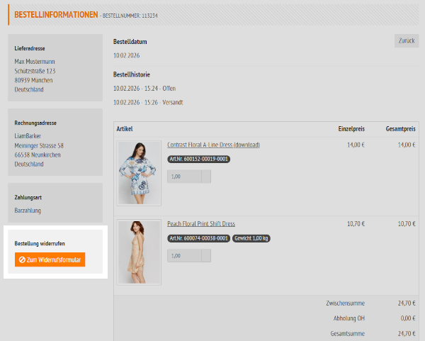 Widerrufsbutton Integration in Bestellhistorie